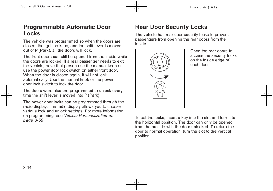 Programmable automatic door locks, Rear door security locks | Cadillac 2011 STS User Manual | Page 120 / 528