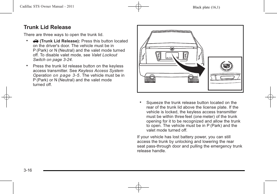 Trunk lid release | Cadillac 2011 STS User Manual | Page 122 / 528