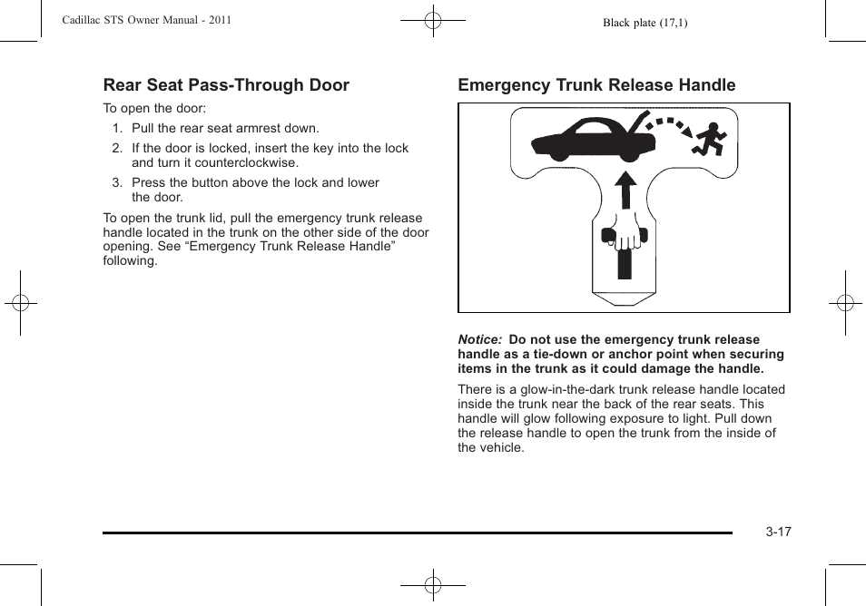 Rear seat pass-through door, Emergency trunk release handle | Cadillac 2011 STS User Manual | Page 123 / 528