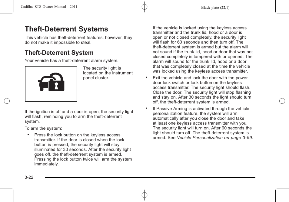 Theft-deterrent systems, Theft-deterrent system, Theft-deterrent systems -22 | Theft-deterrent system -22 | Cadillac 2011 STS User Manual | Page 128 / 528