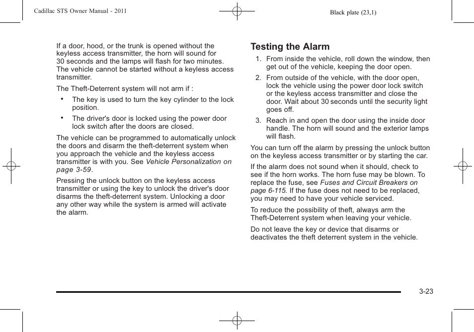 Testing the alarm | Cadillac 2011 STS User Manual | Page 129 / 528