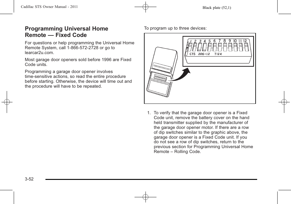 Programming universal home remote — fixed code | Cadillac 2011 STS User Manual | Page 158 / 528