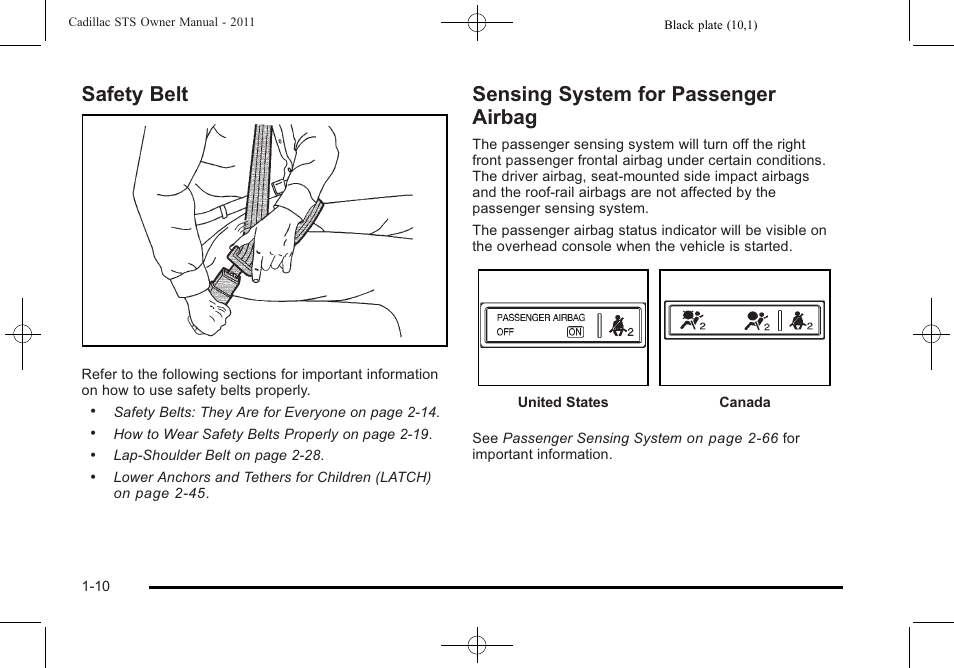 Safety belt, Sensing system for passenger airbag | Cadillac 2011 STS User Manual | Page 16 / 528