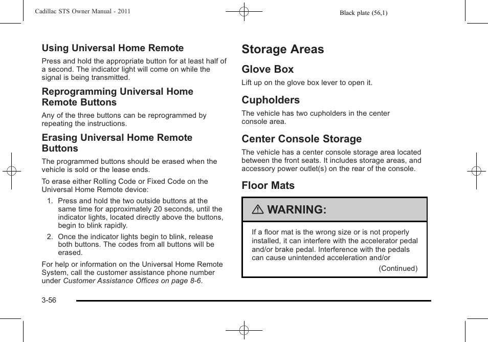 Storage areas, Glove box, Cupholders | Center console storage, Floor mats, Storage areas -56, Warning | Cadillac 2011 STS User Manual | Page 162 / 528