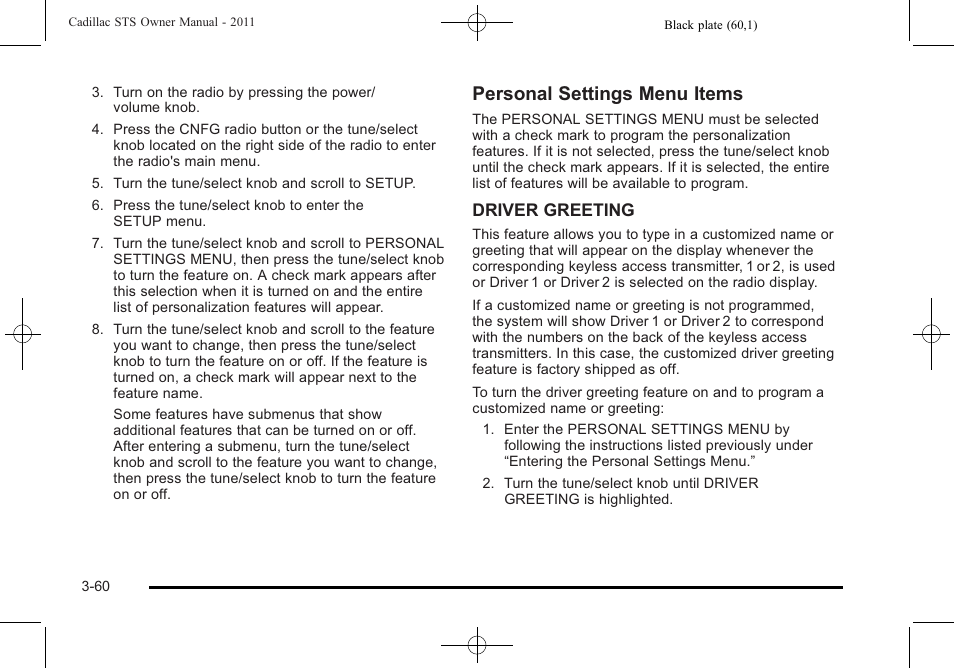 Personal settings menu items | Cadillac 2011 STS User Manual | Page 166 / 528