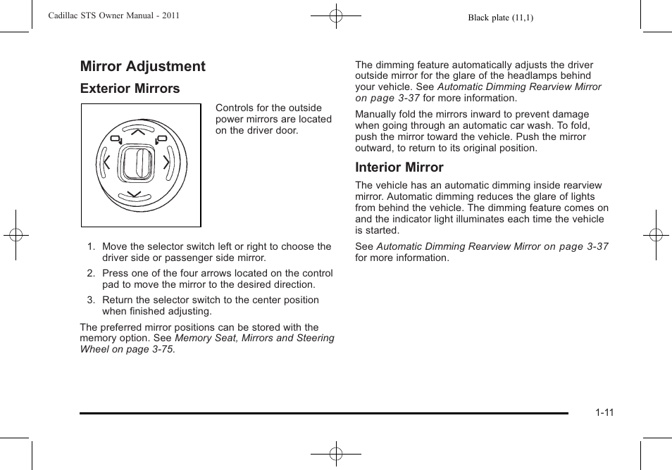 Mirror adjustment, Mirror adjustment -11, Exterior mirrors | Interior mirror | Cadillac 2011 STS User Manual | Page 17 / 528