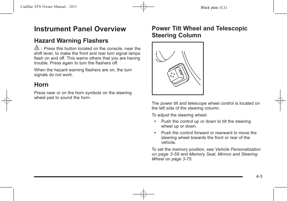 Instrument panel overview, Hazard warning flashers, Horn | Power tilt wheel and telescopic steering column, Instrument panel overview -3, Column -3 | Cadillac 2011 STS User Manual | Page 189 / 528