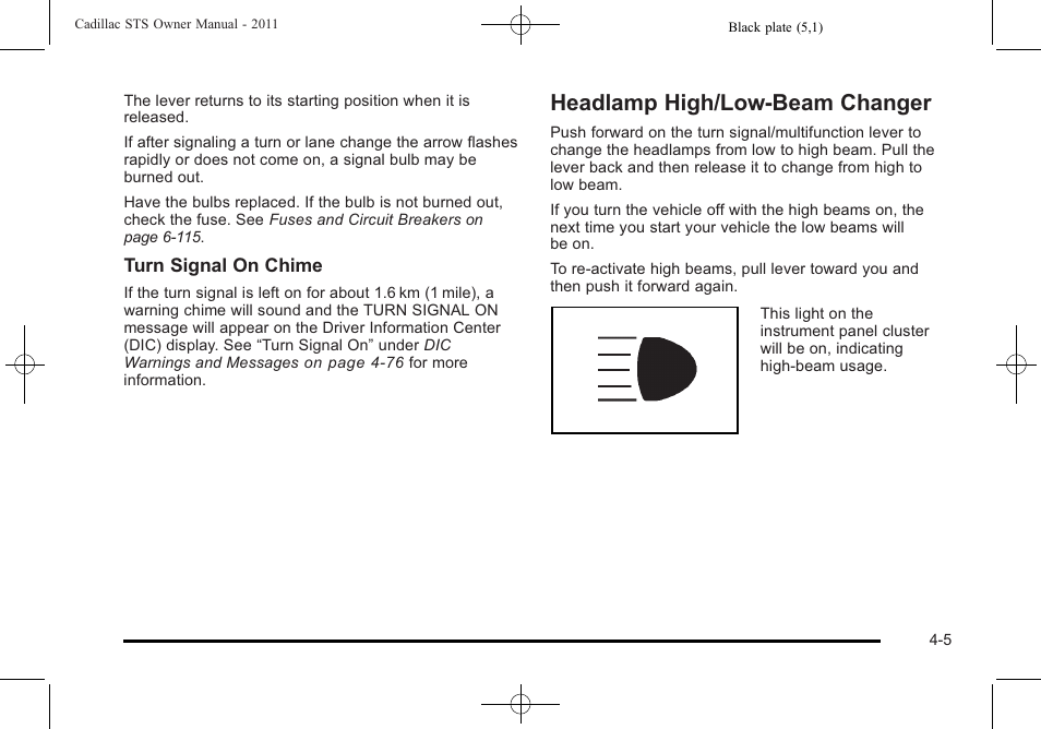 Headlamp high/low-beam changer, Headlamp high/low-beam changer -5 | Cadillac 2011 STS User Manual | Page 191 / 528