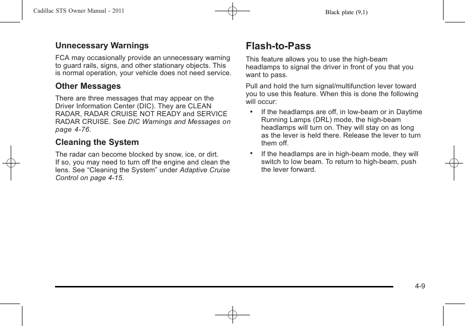 Flash-to-pass, Flash-to-pass -9 | Cadillac 2011 STS User Manual | Page 195 / 528