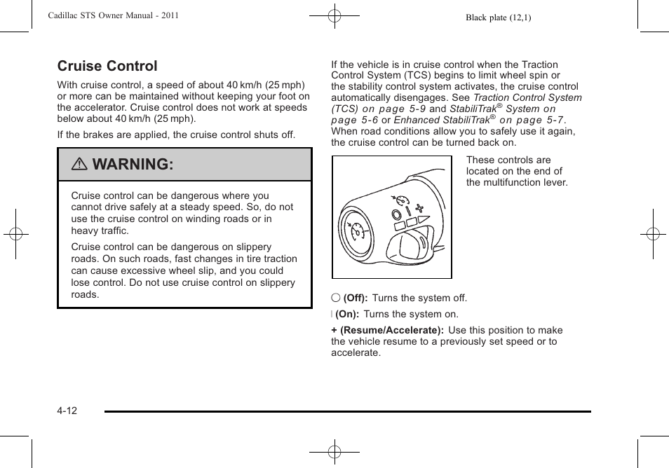 Cruise control, Cruise control -12, Warning | Cadillac 2011 STS User Manual | Page 198 / 528