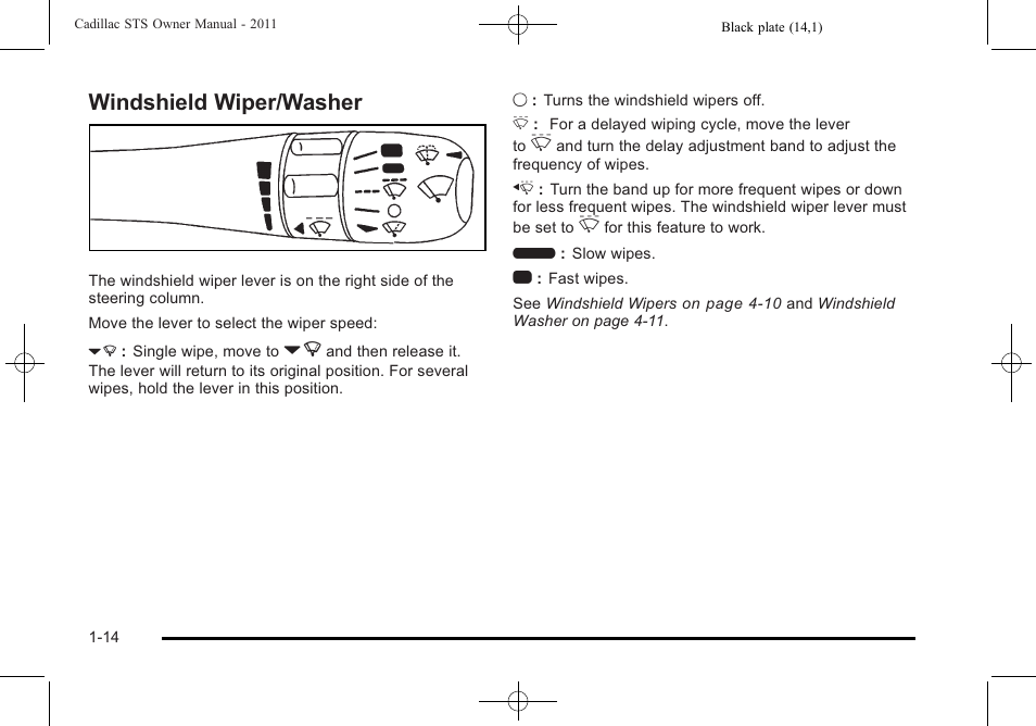 Windshield wiper/washer, Windshield wiper/washer -14 | Cadillac 2011 STS User Manual | Page 20 / 528