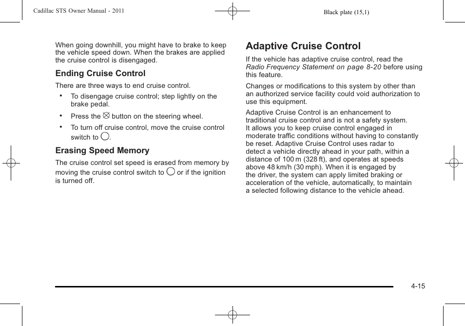 Adaptive cruise control, Adaptive cruise control -15 | Cadillac 2011 STS User Manual | Page 201 / 528