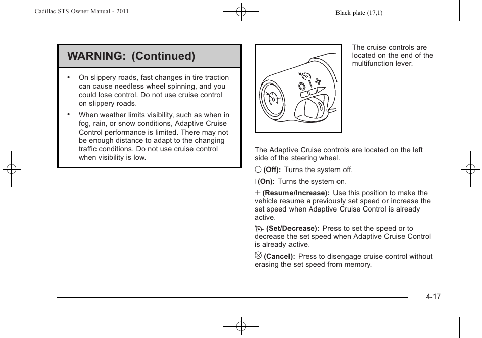 Warning: (continued) | Cadillac 2011 STS User Manual | Page 203 / 528