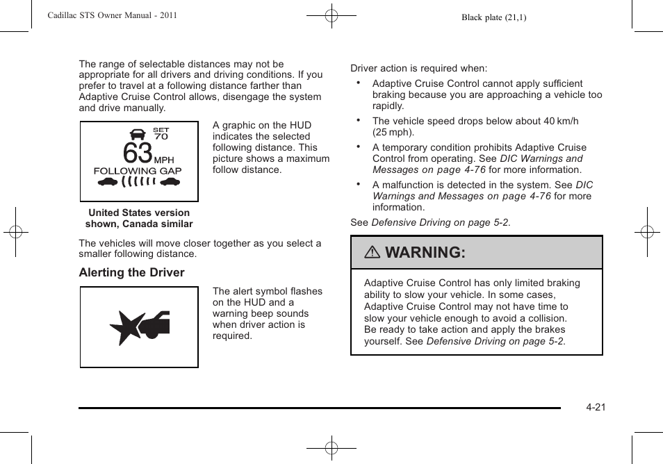 Warning | Cadillac 2011 STS User Manual | Page 207 / 528