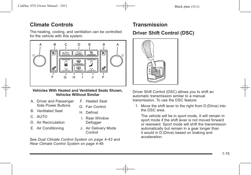 Climate controls, Transmission, Climate controls -15 transmission -15 | Driver shift control (dsc) | Cadillac 2011 STS User Manual | Page 21 / 528