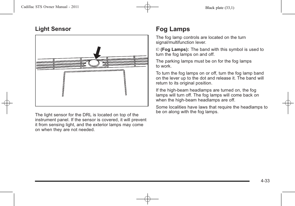 Fog lamps, Fog lamps -33, Light sensor | Cadillac 2011 STS User Manual | Page 219 / 528