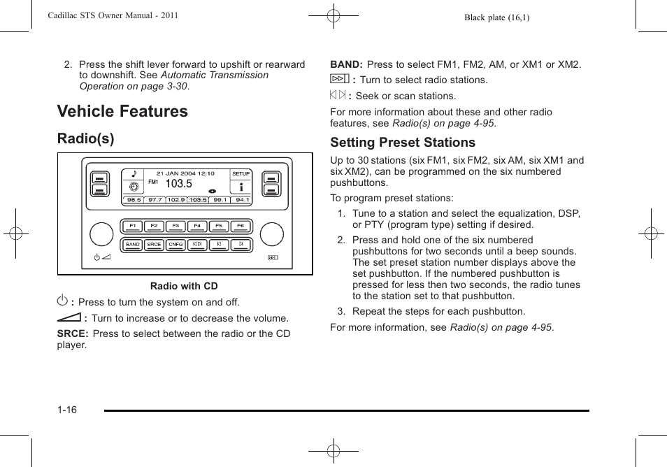 Vehicle features, Radio(s), Vehicle features -16 | Radio(s) -16, Setting preset stations | Cadillac 2011 STS User Manual | Page 22 / 528