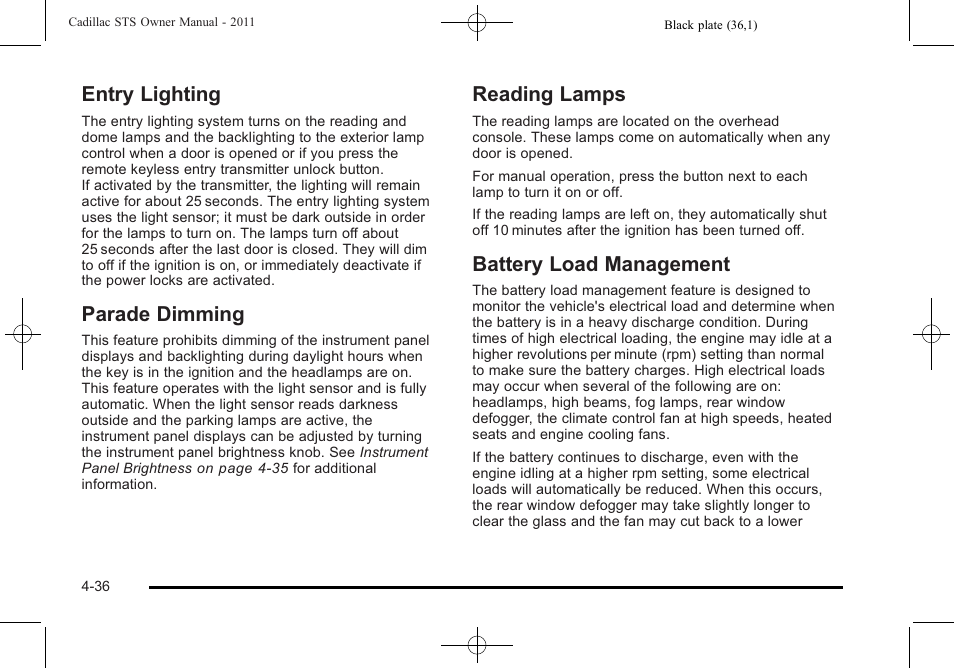 Entry lighting, Parade dimming, Reading lamps | Battery load management, Entry lighting -36 parade dimming -36, Reading lamps -36 battery load management -36 | Cadillac 2011 STS User Manual | Page 222 / 528