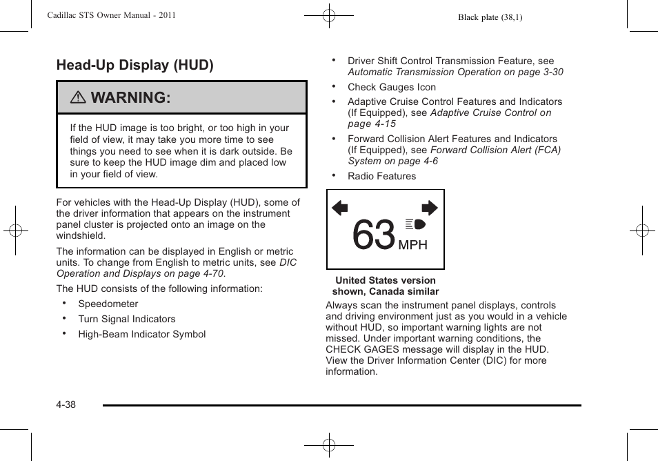 Head-up display (hud), Head-up display (hud) -38, Warning | Cadillac 2011 STS User Manual | Page 224 / 528