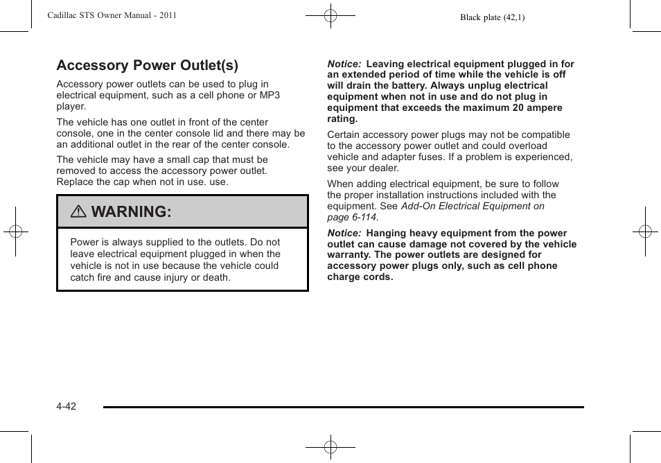 Accessory power outlet(s), Accessory power outlet(s) -42, Warning | Cadillac 2011 STS User Manual | Page 228 / 528