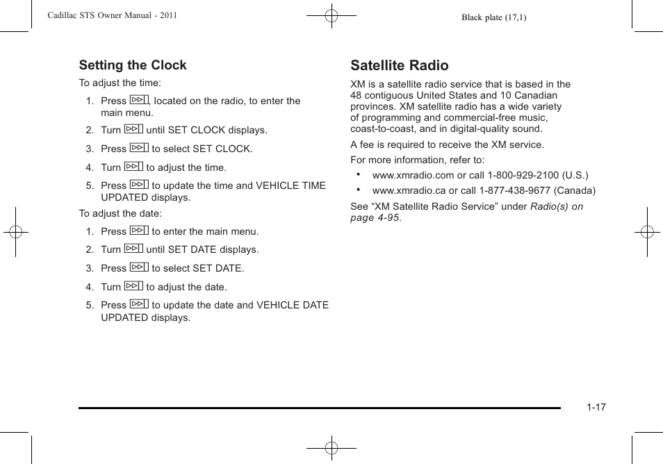 Satellite radio, Satellite radio -17, Setting the clock | Cadillac 2011 STS User Manual | Page 23 / 528