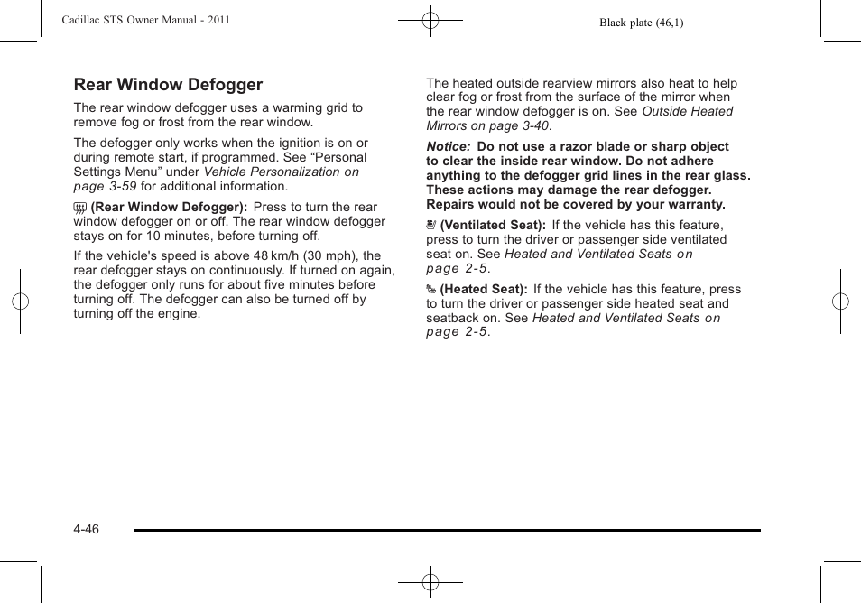 Rear window defogger | Cadillac 2011 STS User Manual | Page 232 / 528