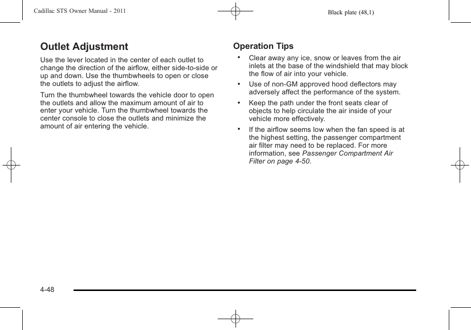 Outlet adjustment, Outlet adjustment -48, Operation tips | Cadillac 2011 STS User Manual | Page 234 / 528