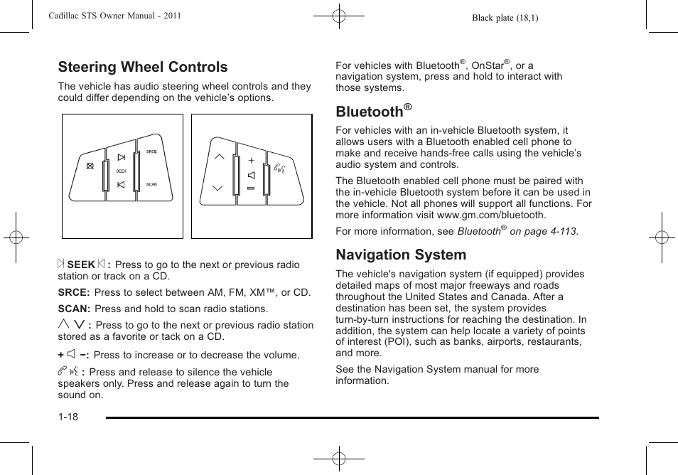 Steering wheel controls, Bluetooth, Navigation system | Steering wheel controls -18 bluetooth, Navigation system -18 | Cadillac 2011 STS User Manual | Page 24 / 528