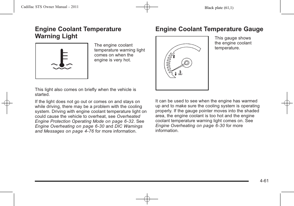 Engine coolant temperature warning light, Engine coolant temperature gauge, Engine coolant temperature warning light -61 | Engine coolant temperature gauge -61 | Cadillac 2011 STS User Manual | Page 247 / 528