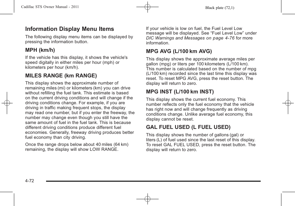 Information display menu items | Cadillac 2011 STS User Manual | Page 258 / 528