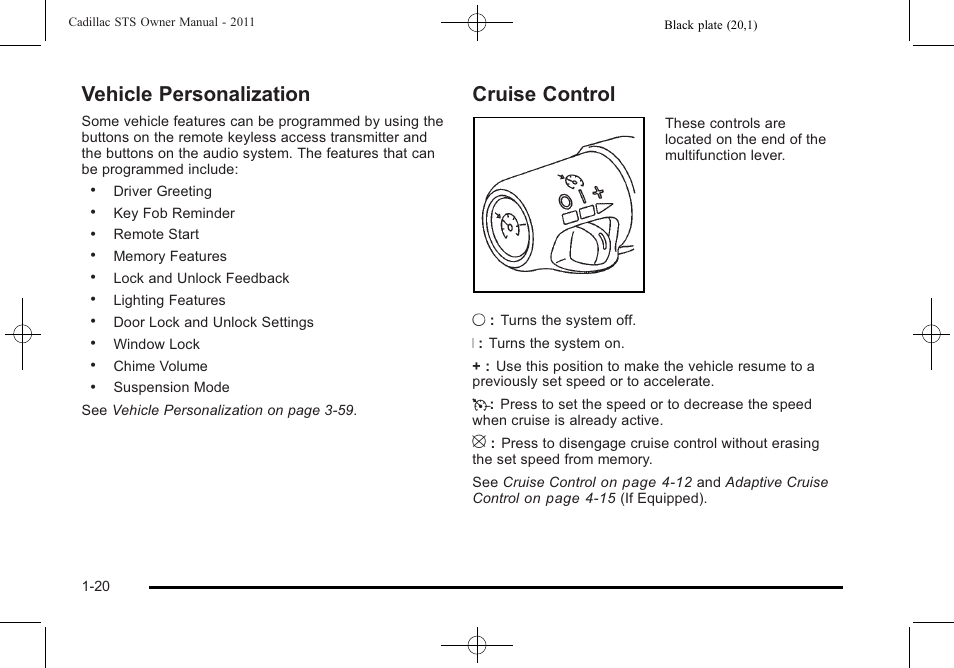 Vehicle personalization, Cruise control, Vehicle personalization -20 cruise control -20 | Cadillac 2011 STS User Manual | Page 26 / 528