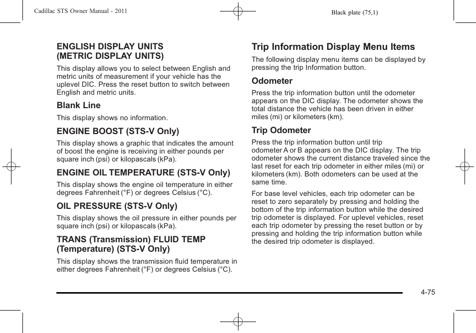 Trip information display menu items | Cadillac 2011 STS User Manual | Page 261 / 528