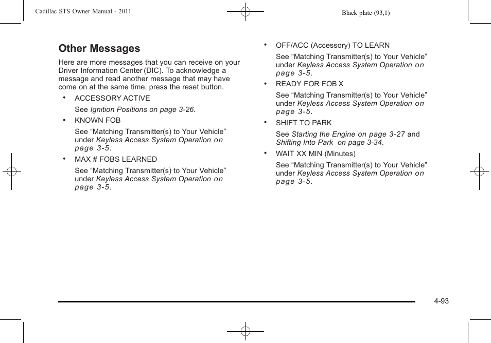 Other messages, Other messages -93 | Cadillac 2011 STS User Manual | Page 279 / 528