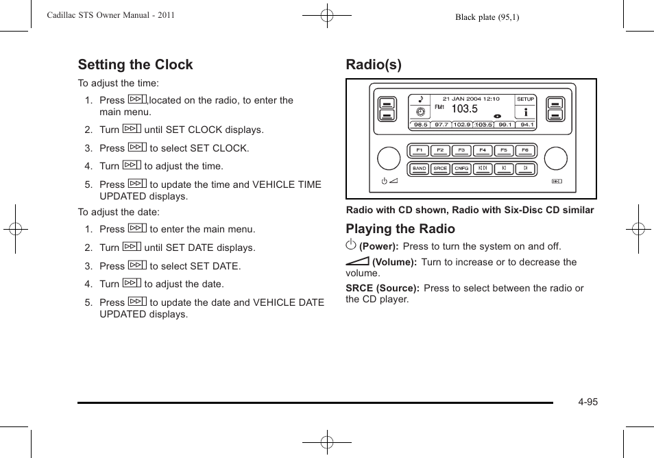 Setting the clock, Radio(s), Setting the clock -95 radio(s) -95 | Playing the radio o | Cadillac 2011 STS User Manual | Page 281 / 528