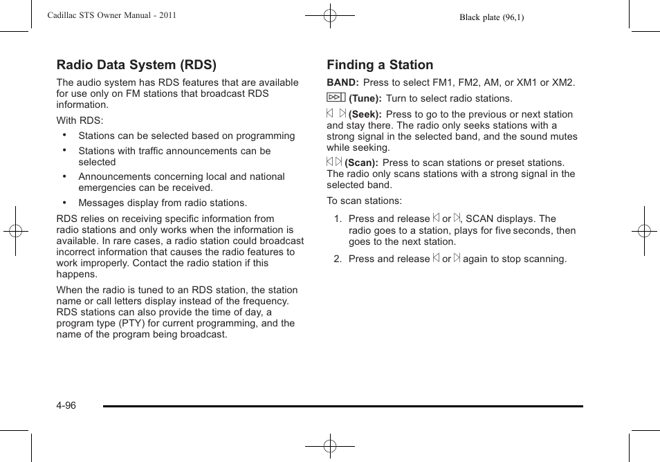 Radio data system (rds), Finding a station | Cadillac 2011 STS User Manual | Page 282 / 528