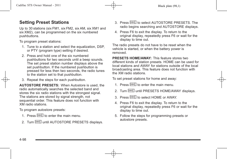 Setting preset stations | Cadillac 2011 STS User Manual | Page 284 / 528