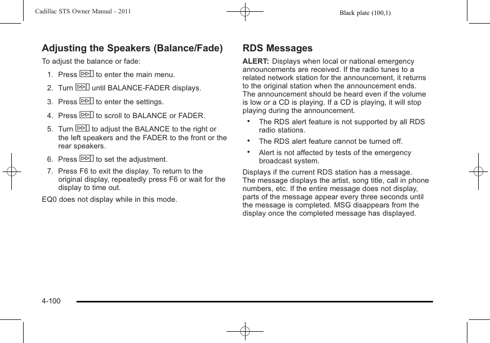 Adjusting the speakers (balance/fade), Rds messages | Cadillac 2011 STS User Manual | Page 286 / 528