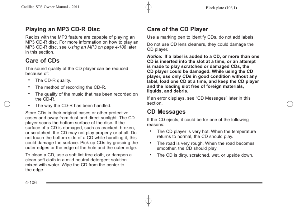 Playing an mp3 cd-r disc, Care of cds, Care of the cd player | Cd messages | Cadillac 2011 STS User Manual | Page 292 / 528