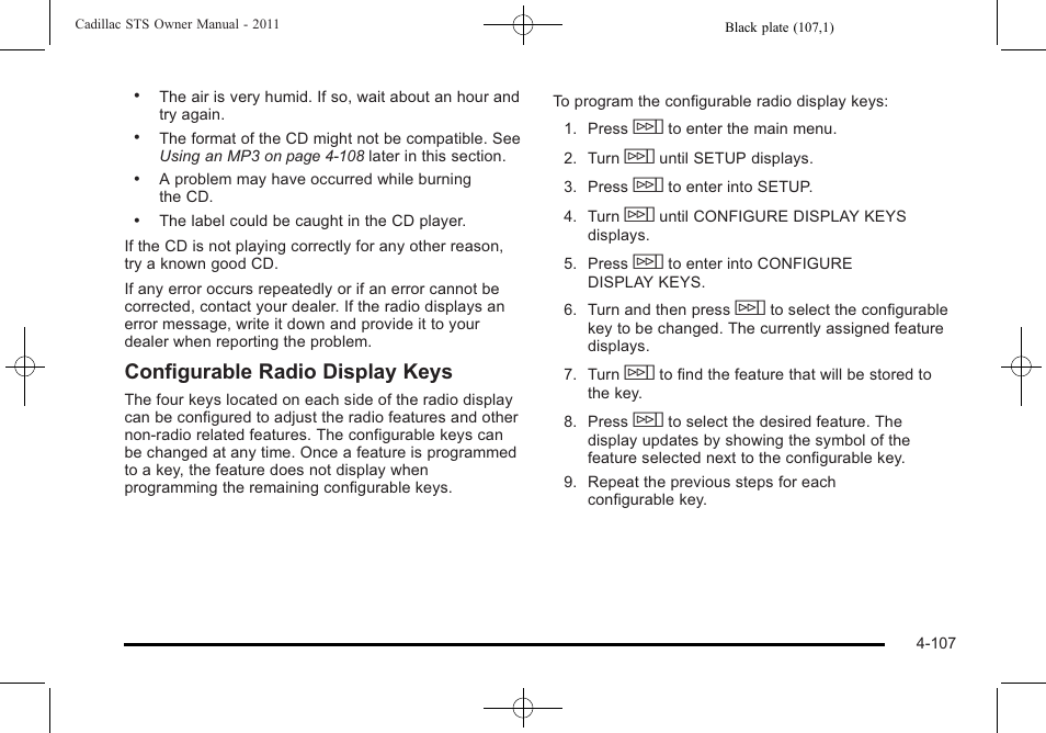 Configurable radio display keys | Cadillac 2011 STS User Manual | Page 293 / 528