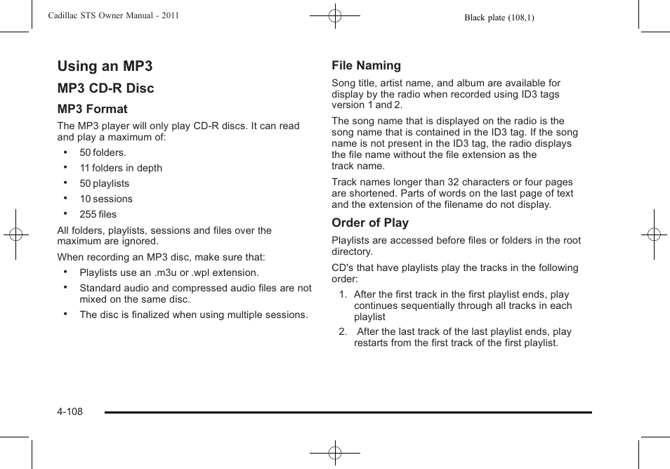 Using an mp3, Using an mp3 -108, Mp3 cd-r disc | Mp3 format, File naming, Order of play | Cadillac 2011 STS User Manual | Page 294 / 528