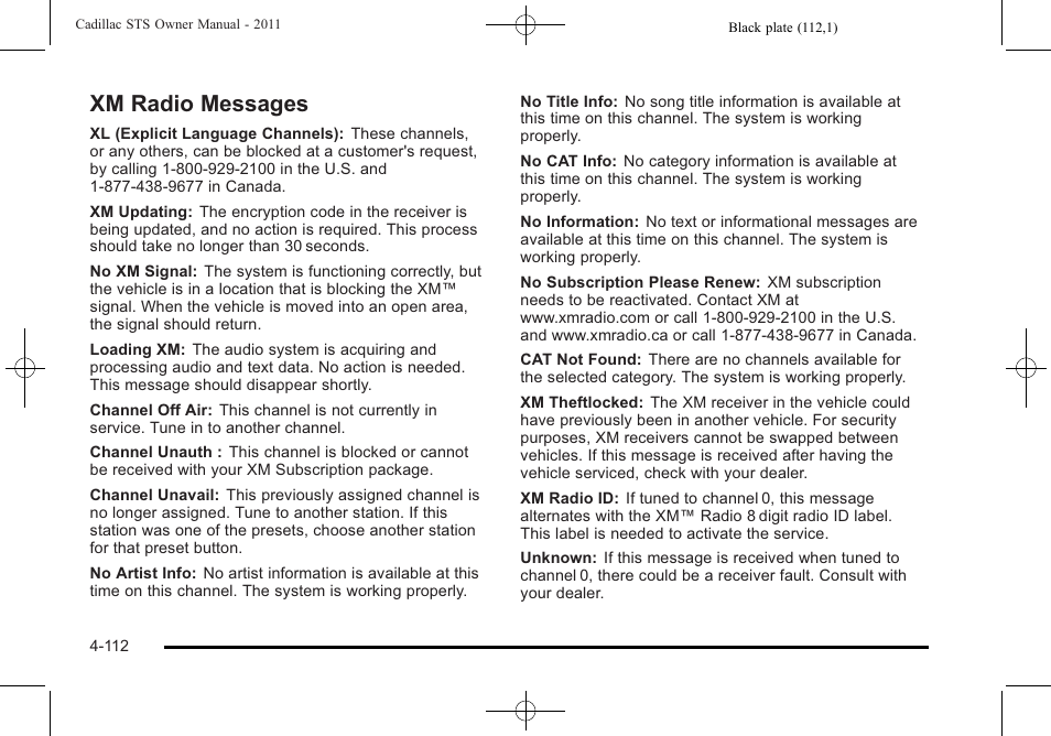 Xm radio messages, Xm radio messages -112 | Cadillac 2011 STS User Manual | Page 298 / 528