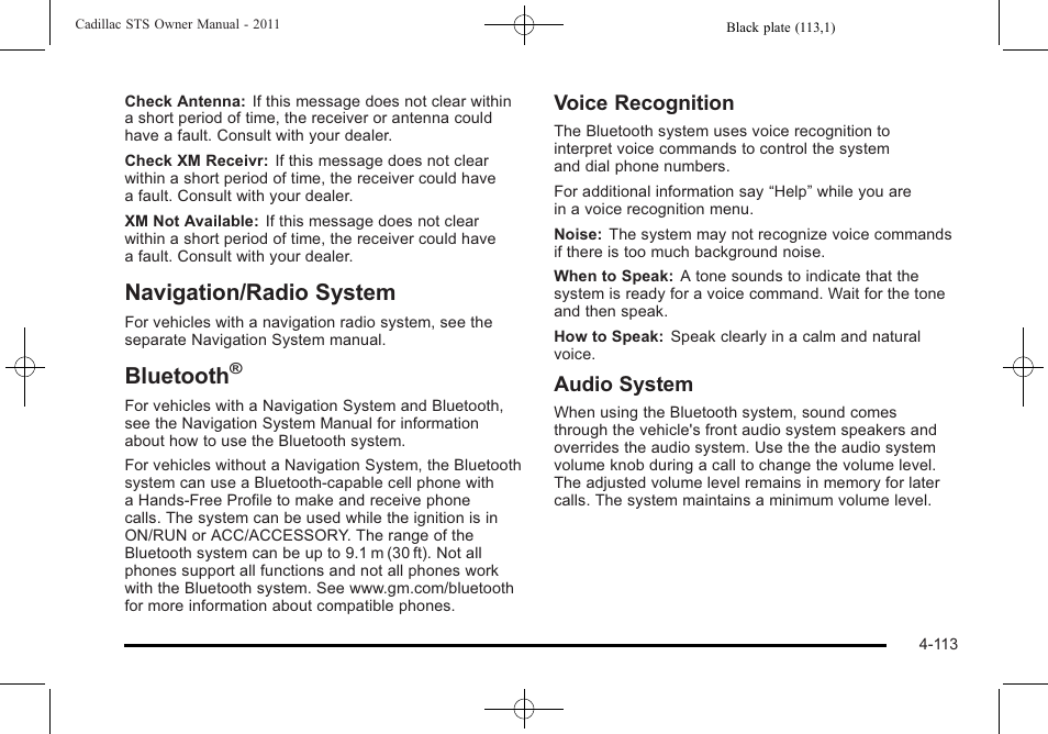 Navigation/radio system, Bluetooth, Navigation/radio system -113 bluetooth | Voice recognition, Audio system | Cadillac 2011 STS User Manual | Page 299 / 528