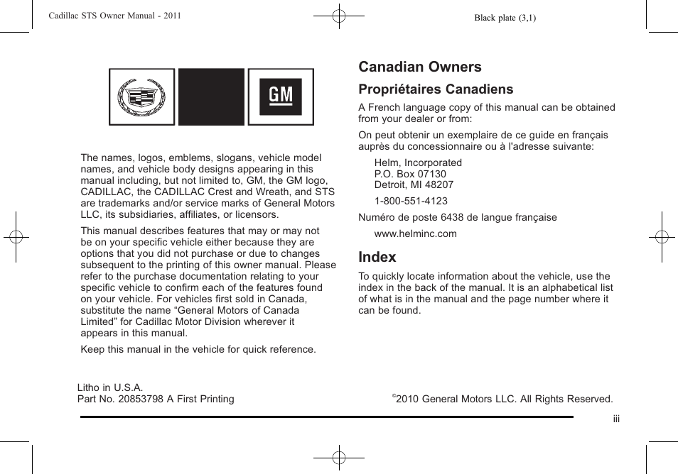 Preface, Canadian owners, Index | Propriétaires canadiens | Cadillac 2011 STS User Manual | Page 3 / 528
