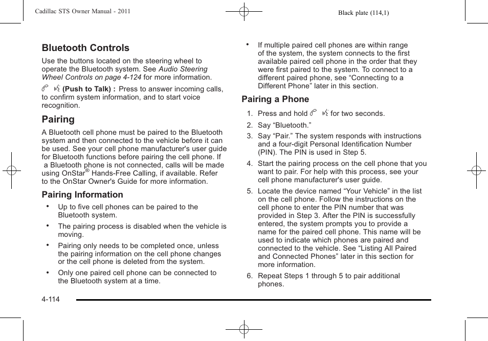 Bluetooth controls, Pairing | Cadillac 2011 STS User Manual | Page 300 / 528