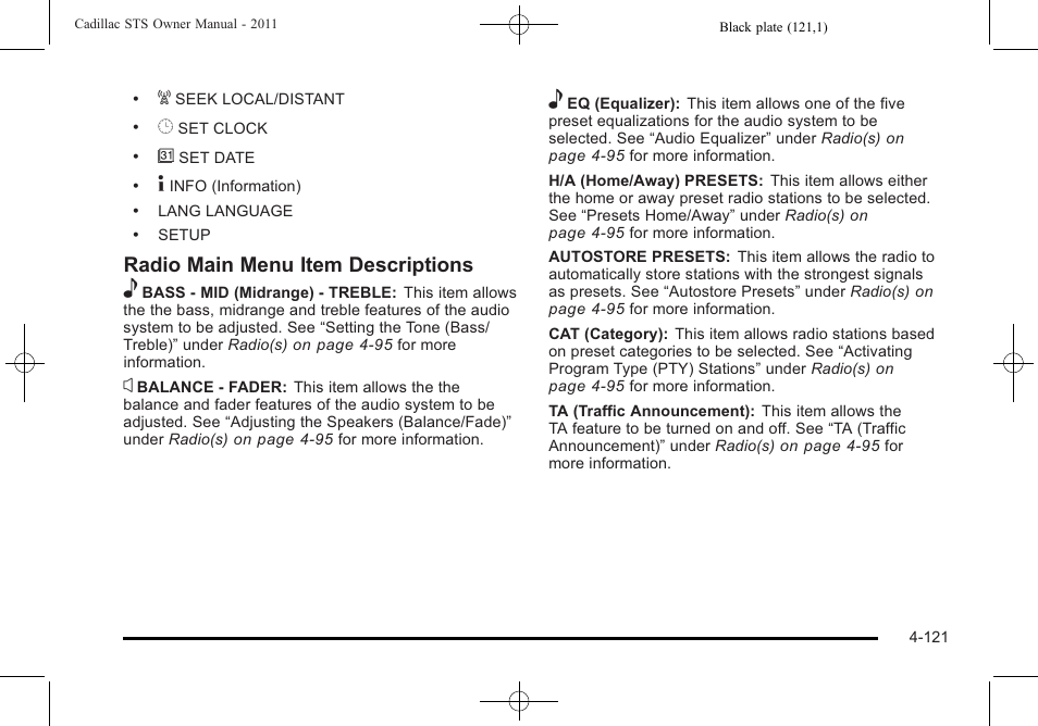 Radio main menu item descriptions e | Cadillac 2011 STS User Manual | Page 307 / 528