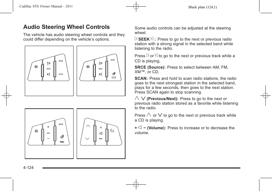 Audio steering wheel controls, Audio steering wheel controls -124 | Cadillac 2011 STS User Manual | Page 310 / 528