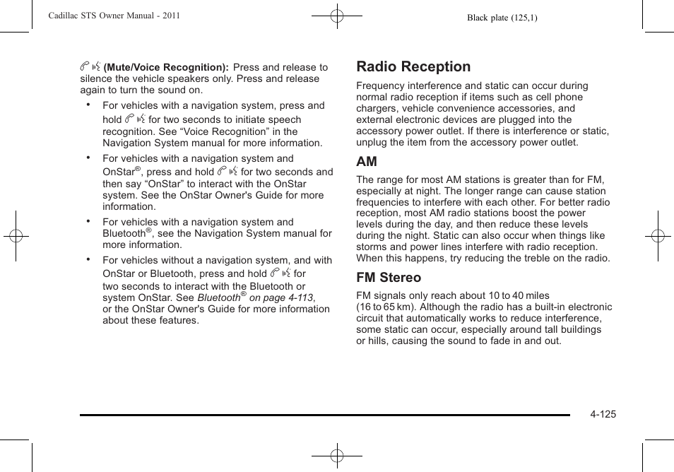 Radio reception, Radio reception -125, Fm stereo | Cadillac 2011 STS User Manual | Page 311 / 528