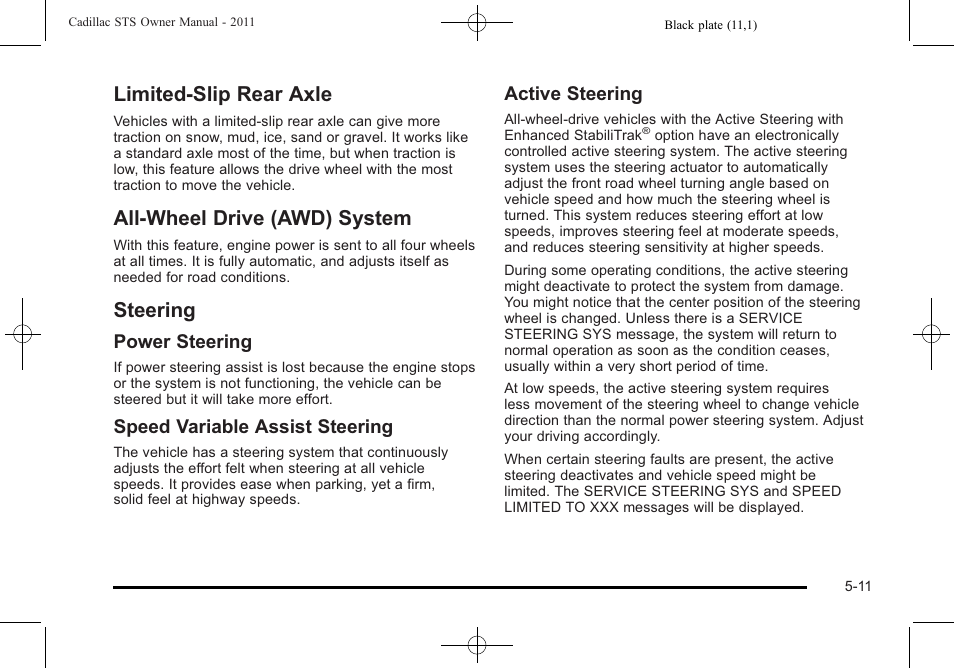 Limited-slip rear axle, All-wheel drive (awd) system, Steering | Towing, Power steering, Speed variable assist steering, Active steering | Cadillac 2011 STS User Manual | Page 323 / 528