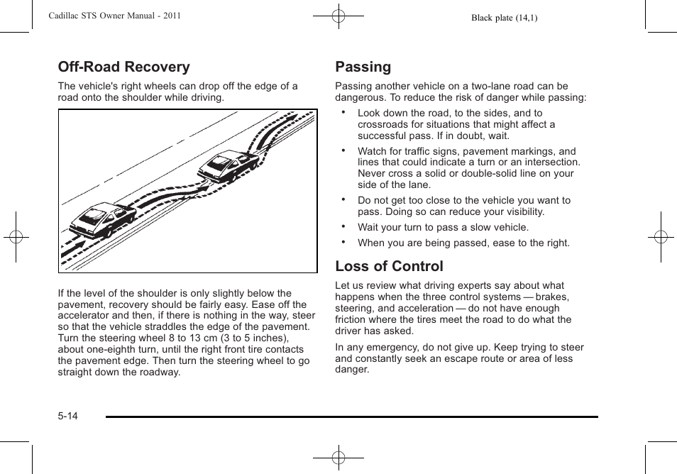 Off-road recovery, Passing, Loss of control | Off-road recovery -14 passing -14, Loss of control -14 | Cadillac 2011 STS User Manual | Page 326 / 528