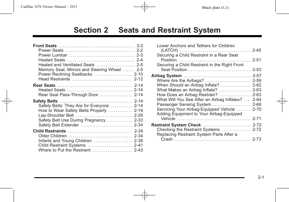 Seats and restraint system, Seats and restraint system -1 | Cadillac 2011 STS User Manual | Page 33 / 528